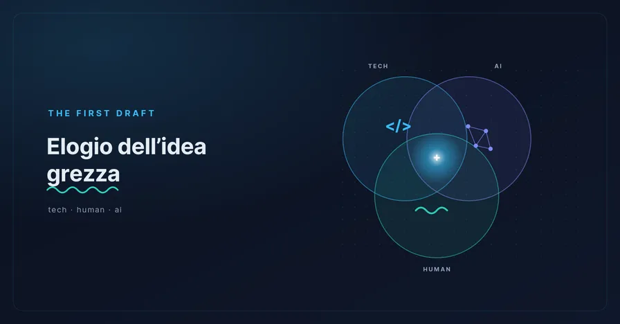 Copertina di The First Draft: tre cerchi sovrapposti — tech, human e AI — che si incontrano in un punto luminoso, con la scritta 'Elogio dell'idea grezza' sottolineata a mano come una correzione di bozza.